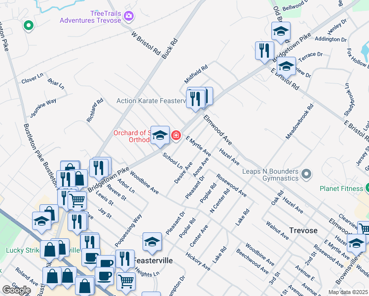 map of restaurants, bars, coffee shops, grocery stores, and more near 1629 Colonial Drive in Feasterville