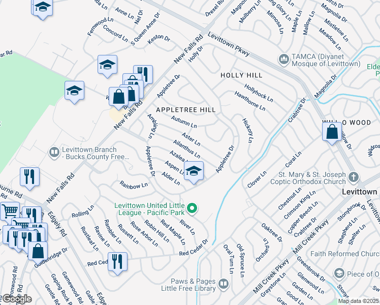 map of restaurants, bars, coffee shops, grocery stores, and more near 43 Ailanthus Lane in Levittown