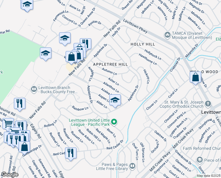 map of restaurants, bars, coffee shops, grocery stores, and more near 43 Ailanthus Lane in Levittown