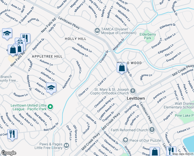 map of restaurants, bars, coffee shops, grocery stores, and more near 12 Crosswood Lane in Levittown
