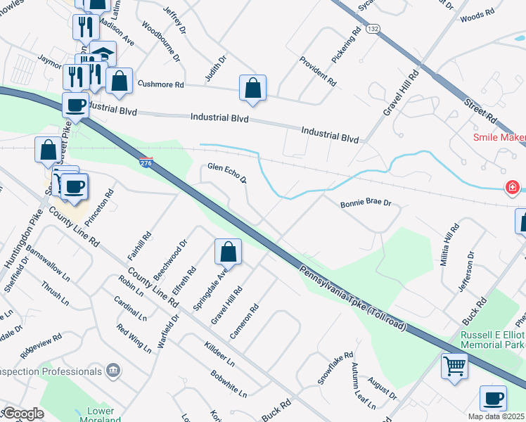 map of restaurants, bars, coffee shops, grocery stores, and more near 1445 Glen Echo Drive in Bucks County