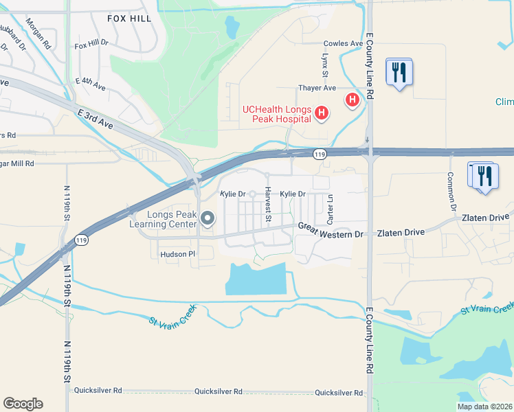 map of restaurants, bars, coffee shops, grocery stores, and more near 1539 Kylie Drive in Longmont