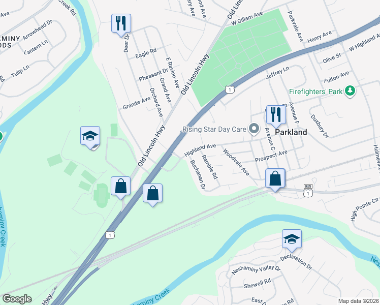 map of restaurants, bars, coffee shops, grocery stores, and more near 1768 Highland Avenue in Langhorne
