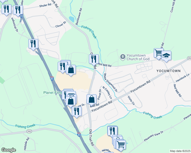 map of restaurants, bars, coffee shops, grocery stores, and more near 960 Old Trail Road in Valley Green