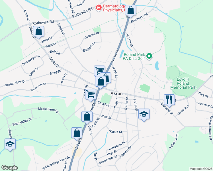 map of restaurants, bars, coffee shops, grocery stores, and more near 30 North 9th Street in Akron