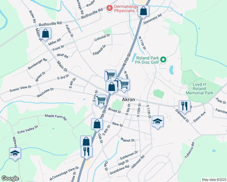 map of restaurants, bars, coffee shops, grocery stores, and more near 22 Pennsylvania 272 in Akron