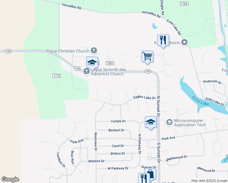 map of restaurants, bars, coffee shops, grocery stores, and more near 15 Golden Eagle Court in Piqua