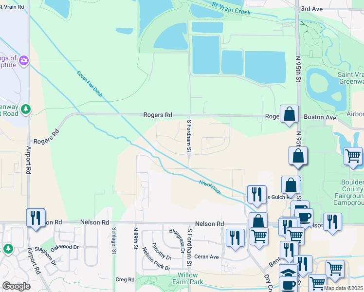 map of restaurants, bars, coffee shops, grocery stores, and more near 8900-9150 Rogers Rd in Longmont