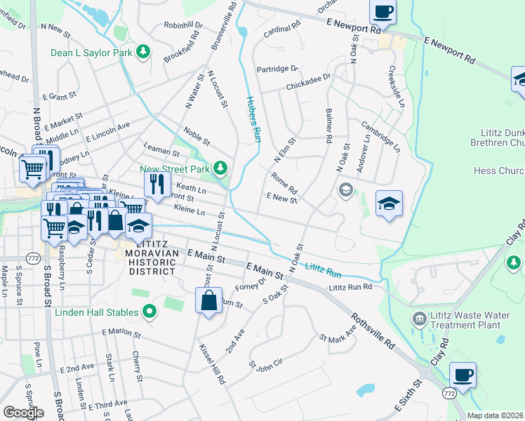 map of restaurants, bars, coffee shops, grocery stores, and more near 501 Front Street in Lititz