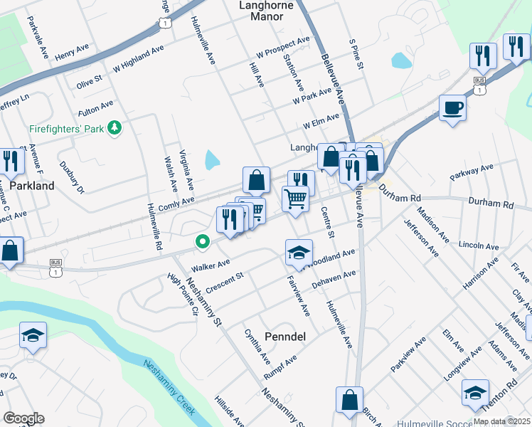 map of restaurants, bars, coffee shops, grocery stores, and more near 250 West Lincoln Highway in Langhorne