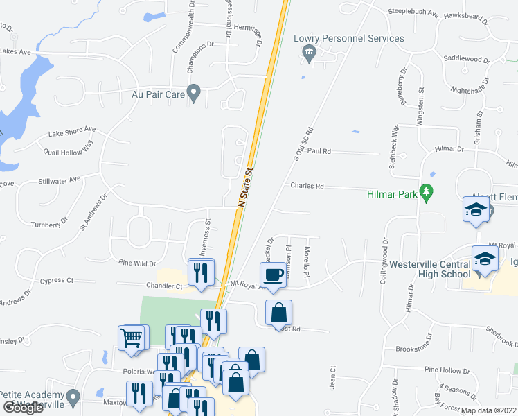 map of restaurants, bars, coffee shops, grocery stores, and more near 6662 South Old 3C Highway in Westerville
