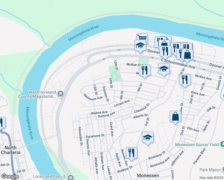 map of restaurants, bars, coffee shops, grocery stores, and more near 999 McMahon Avenue in Monessen