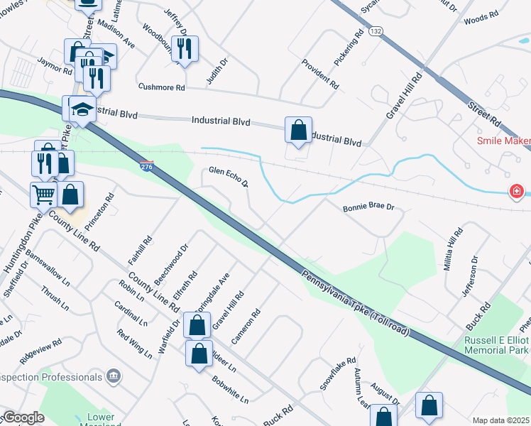 map of restaurants, bars, coffee shops, grocery stores, and more near 1445 Glen Echo Drive in Bucks County