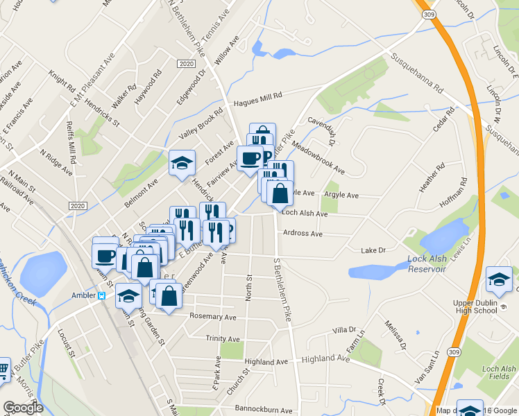 map of restaurants, bars, coffee shops, grocery stores, and more near 345 Woodland Avenue in Ambler