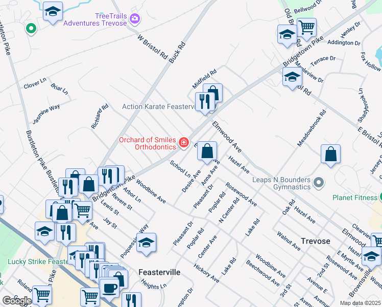 map of restaurants, bars, coffee shops, grocery stores, and more near 1629 Colonial Drive in Feasterville