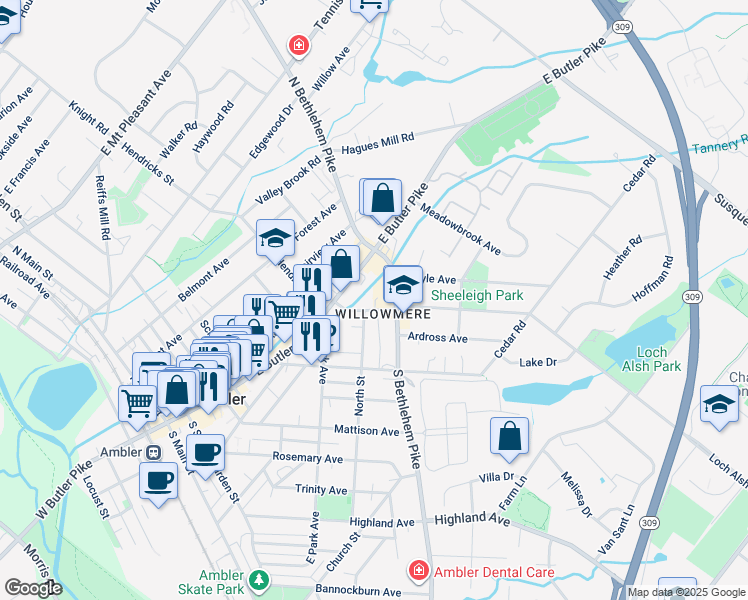 map of restaurants, bars, coffee shops, grocery stores, and more near 345 Woodland Avenue in Ambler