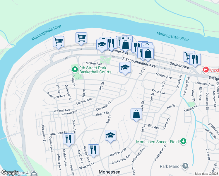 map of restaurants, bars, coffee shops, grocery stores, and more near 469 Motheral Avenue in Monessen
