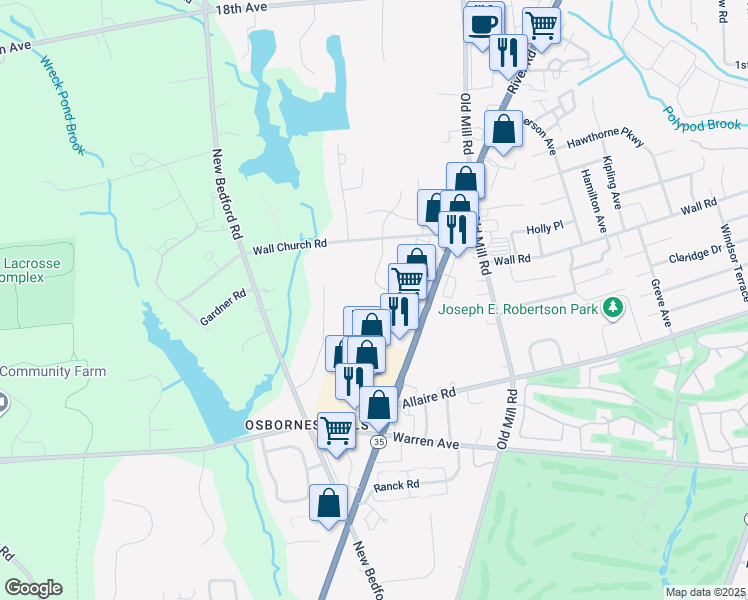 map of restaurants, bars, coffee shops, grocery stores, and more near 1909 Crabtree Lane in Wall Township