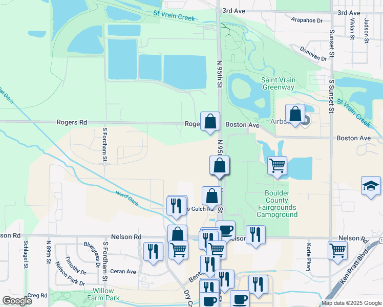 map of restaurants, bars, coffee shops, grocery stores, and more near 10035 North 95th Street in Longmont