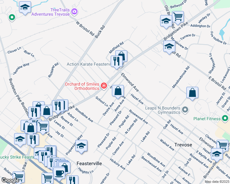 map of restaurants, bars, coffee shops, grocery stores, and more near 33 East Myrtle Avenue in Feasterville-Trevose