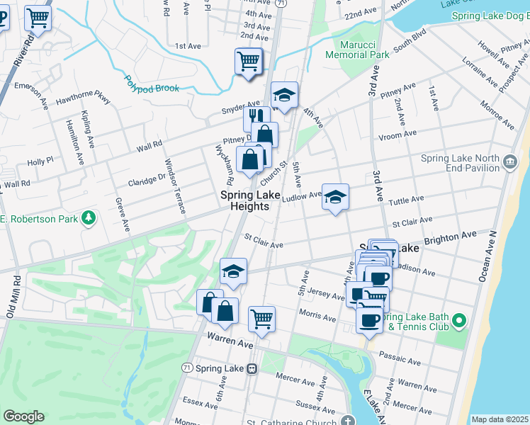 map of restaurants, bars, coffee shops, grocery stores, and more near 553 Ludlow Avenue in Spring Lake