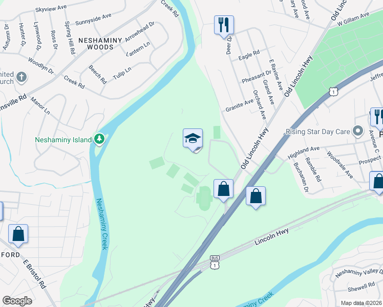 map of restaurants, bars, coffee shops, grocery stores, and more near 2001 Old Lincoln Hwy in Langhorne