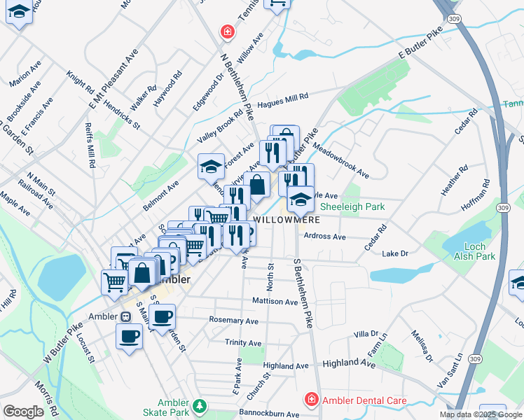 map of restaurants, bars, coffee shops, grocery stores, and more near 330 East Butler Avenue in Ambler