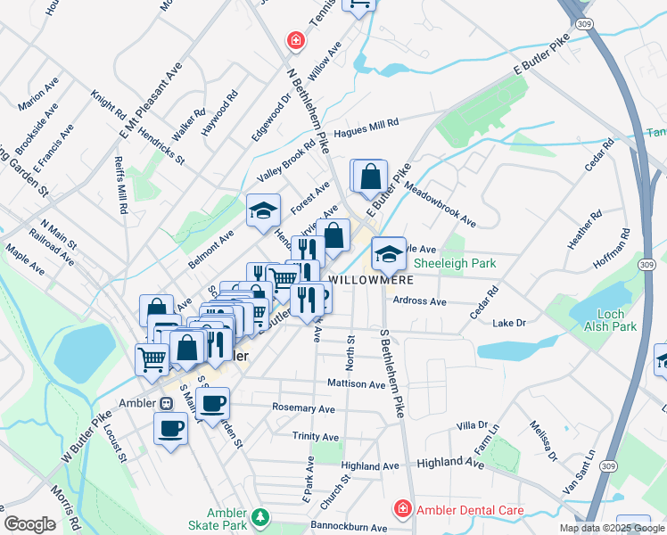 map of restaurants, bars, coffee shops, grocery stores, and more near 330 East Butler Avenue in Ambler