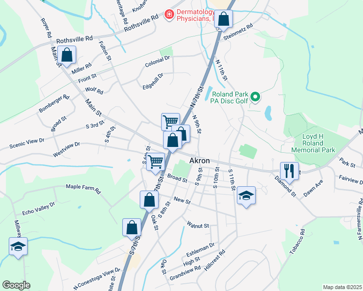 map of restaurants, bars, coffee shops, grocery stores, and more near 22 Pennsylvania 272 in Akron