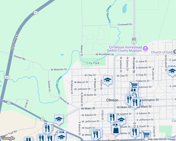 map of restaurants, bars, coffee shops, grocery stores, and more near 818 West Webster Street in Clinton