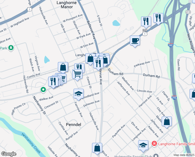 map of restaurants, bars, coffee shops, grocery stores, and more near 136 Lincoln Avenue in Penndel