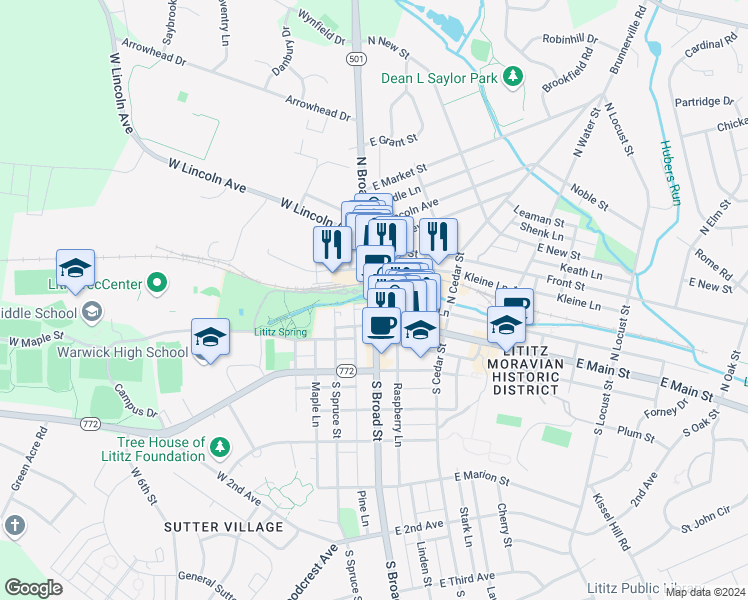 map of restaurants, bars, coffee shops, grocery stores, and more near 18 North Broad Street in Lititz