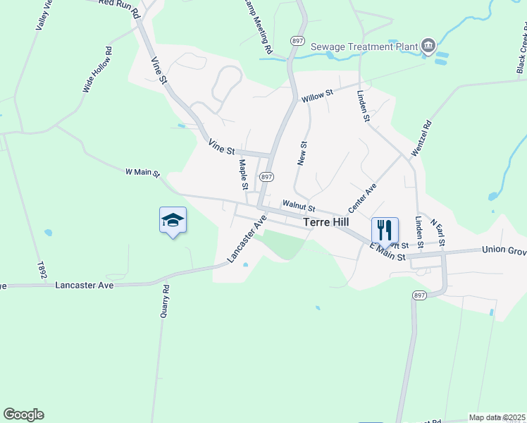 map of restaurants, bars, coffee shops, grocery stores, and more near 201 Main Street in East Earl