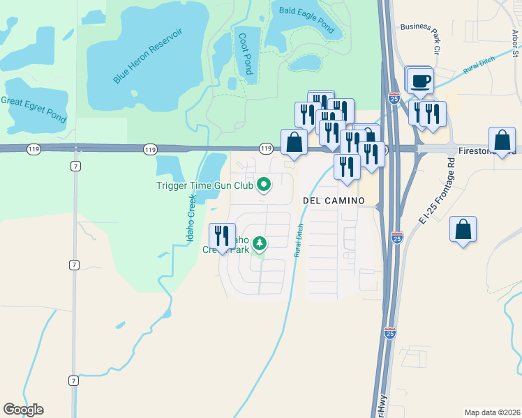 map of restaurants, bars, coffee shops, grocery stores, and more near 10699 Butte Drive in Longmont