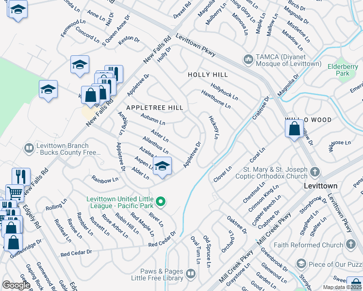 map of restaurants, bars, coffee shops, grocery stores, and more near 16 Aster Lane in Levittown