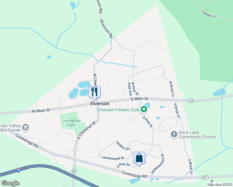 map of restaurants, bars, coffee shops, grocery stores, and more near 18 Hall Street in Elverson