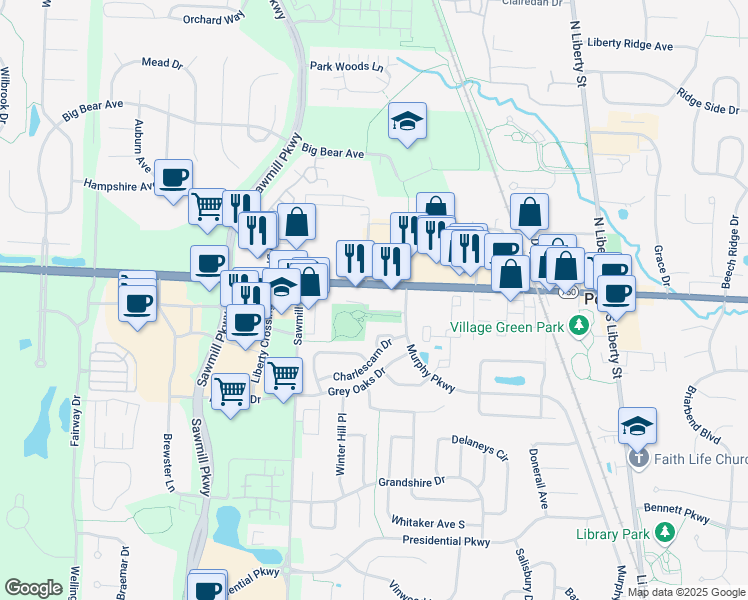 map of restaurants, bars, coffee shops, grocery stores, and more near 379 West Olentangy Street in Powell