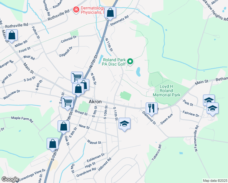 map of restaurants, bars, coffee shops, grocery stores, and more near 106 North 11th Street in Akron