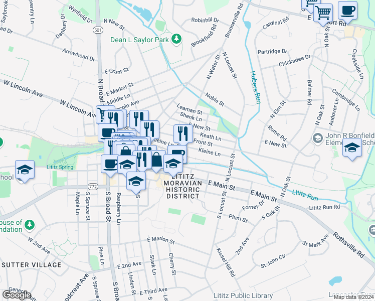 map of restaurants, bars, coffee shops, grocery stores, and more near 55 North Water Street in Lititz