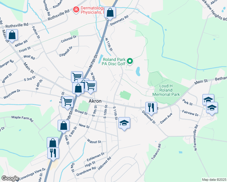 map of restaurants, bars, coffee shops, grocery stores, and more near 106 North 11th Street in Akron
