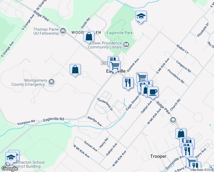 map of restaurants, bars, coffee shops, grocery stores, and more near 28 Eagleville Road in Eagleville