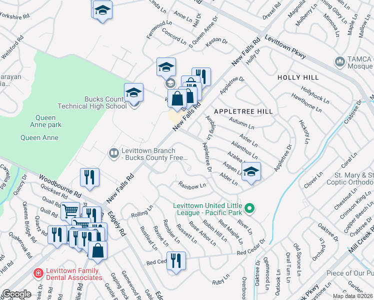 map of restaurants, bars, coffee shops, grocery stores, and more near 33 Rocky Pool Lane in Levittown