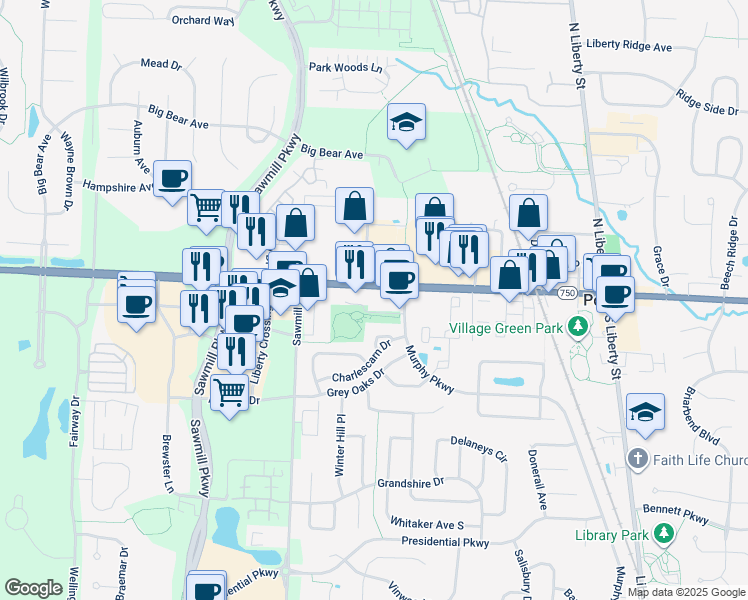 map of restaurants, bars, coffee shops, grocery stores, and more near 379 West Olentangy Street in Powell