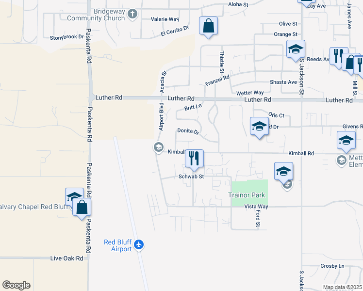 map of restaurants, bars, coffee shops, grocery stores, and more near 1415 Crosspoint Way in Red Bluff
