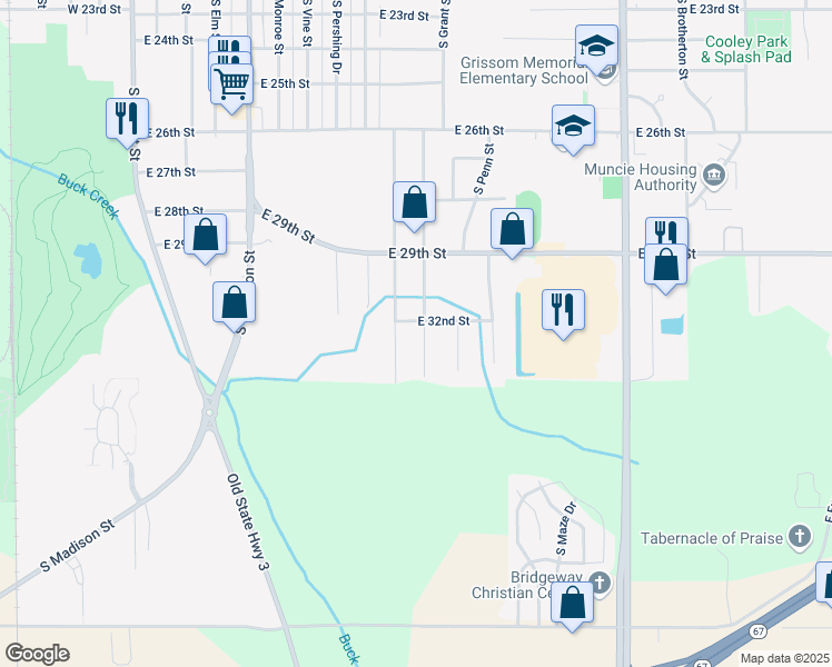 map of restaurants, bars, coffee shops, grocery stores, and more near 3900 South Ebright Street in Muncie