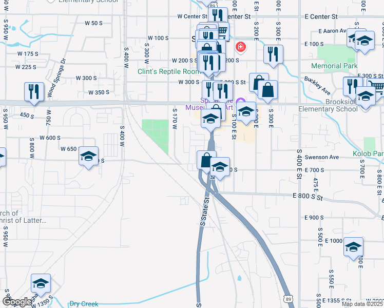 map of restaurants, bars, coffee shops, grocery stores, and more near 675 South 100 West in Springville