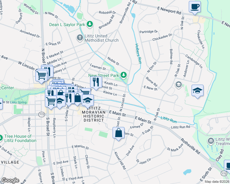 map of restaurants, bars, coffee shops, grocery stores, and more near 326 Front St in Lititz