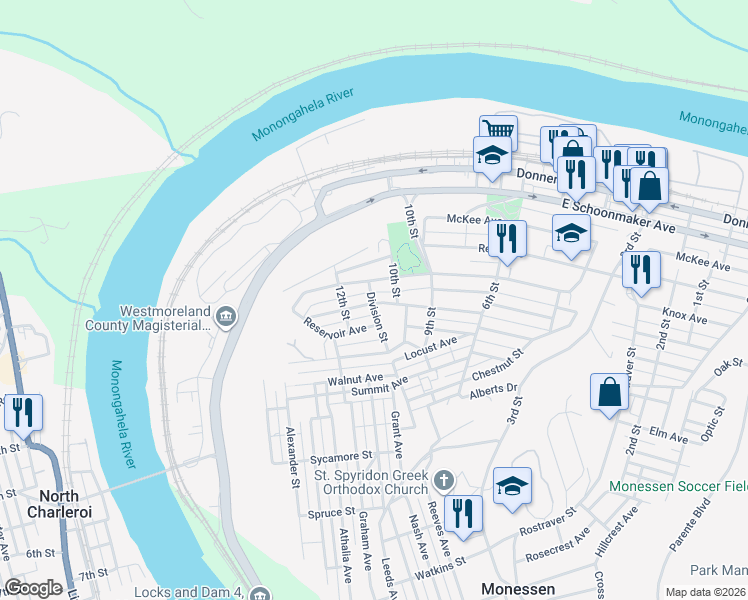 map of restaurants, bars, coffee shops, grocery stores, and more near 1111 McMahon Avenue in Monessen