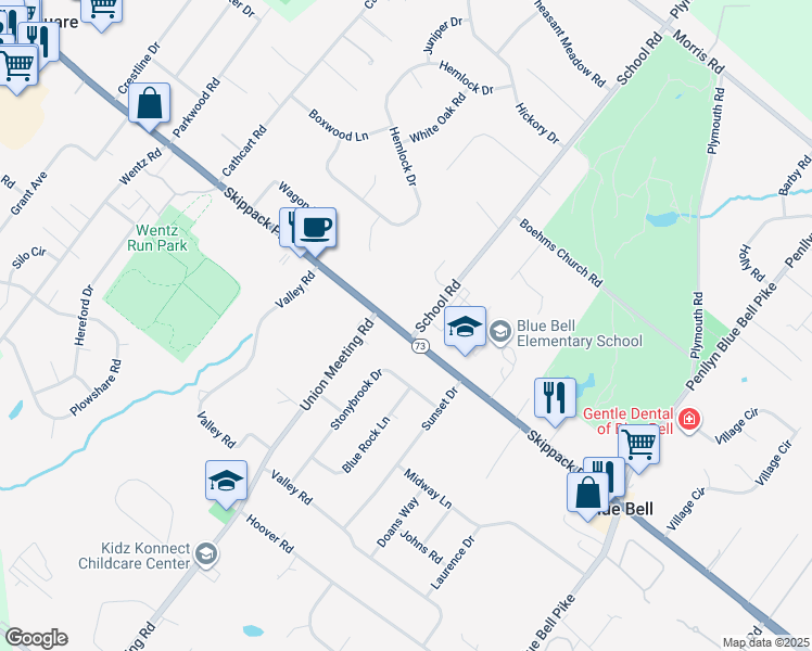 map of restaurants, bars, coffee shops, grocery stores, and more near 901 West Skippack Pike in Blue Bell