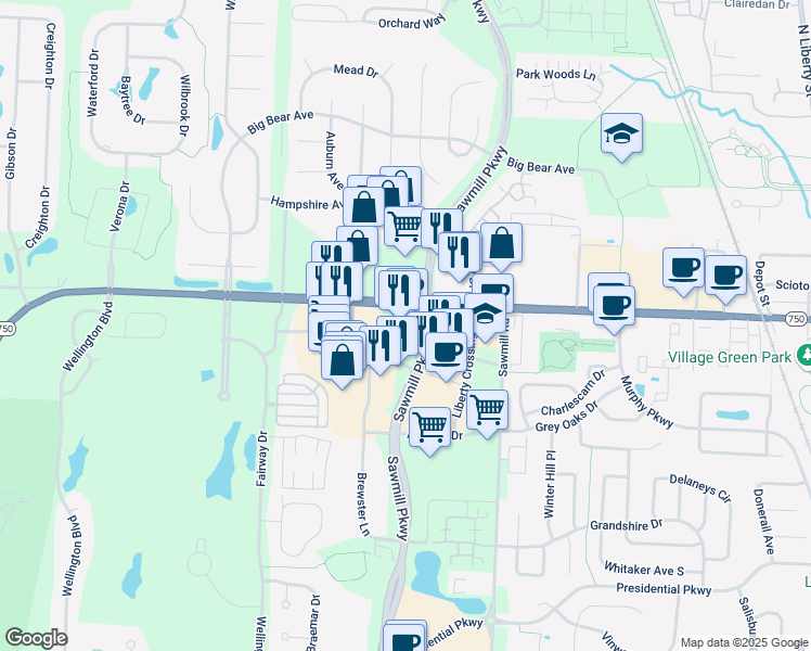 map of restaurants, bars, coffee shops, grocery stores, and more near 3897 West Powell Road in Powell